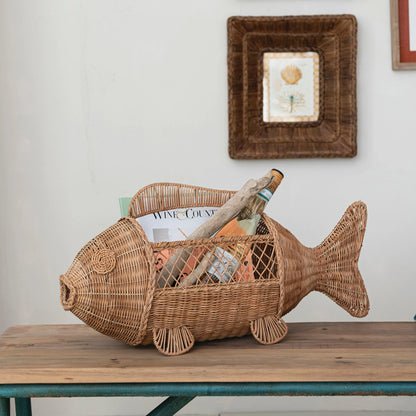 Hand-Woven Rattan & Wire Fish Shaped Container with Handle