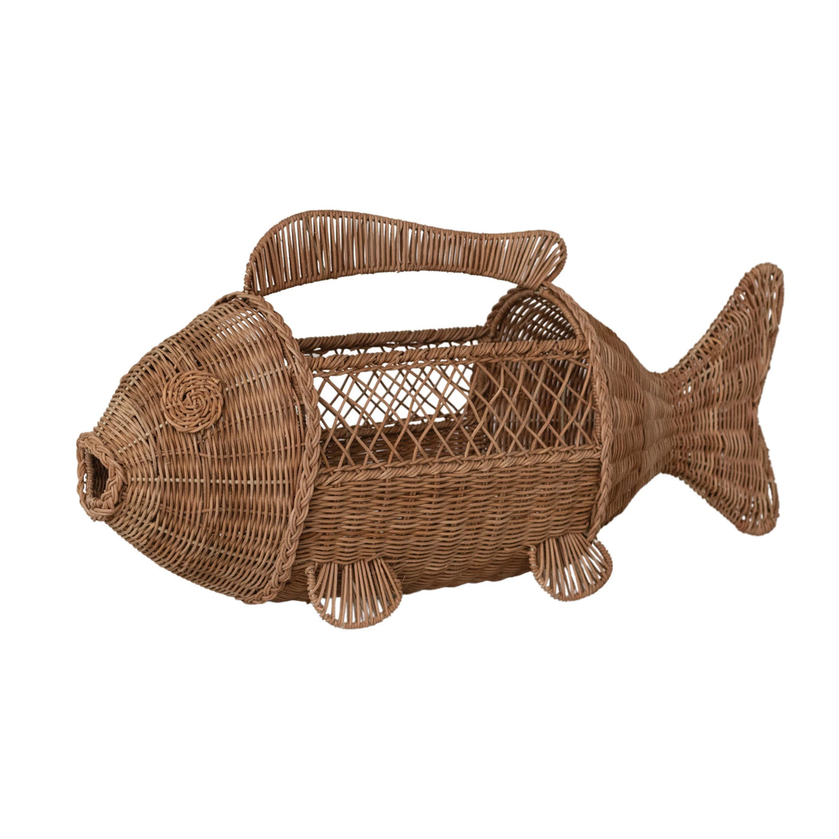 Hand-Woven Rattan & Wire Fish Shaped Container with Handle