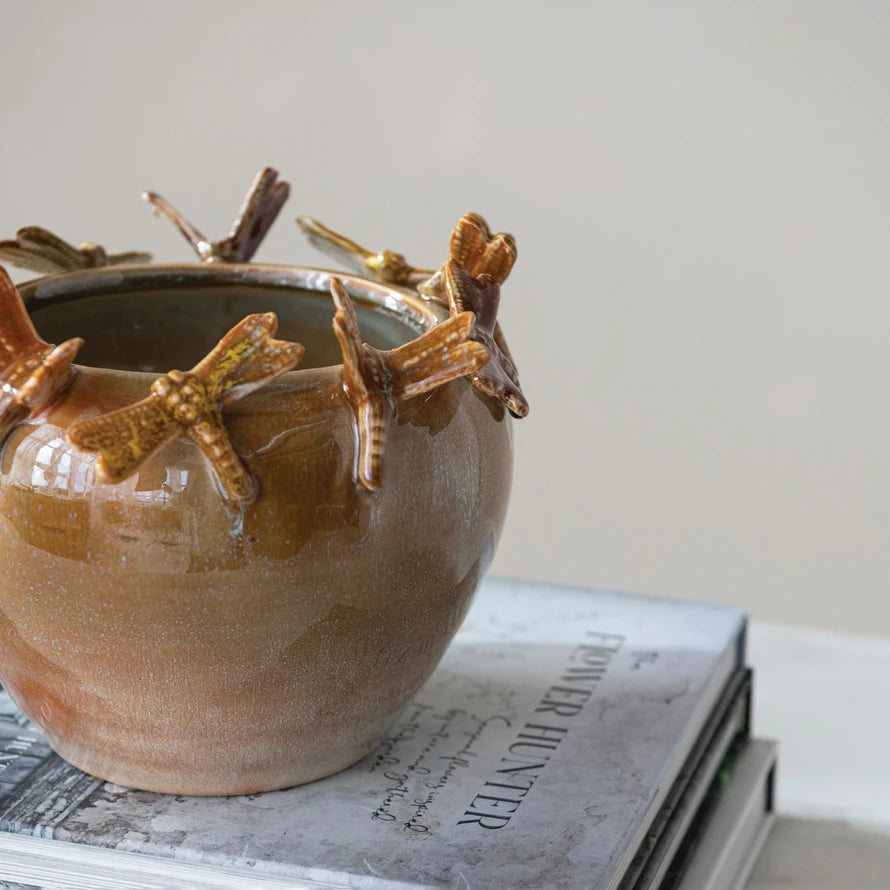 Stoneware Planter with 3D Dragonflies