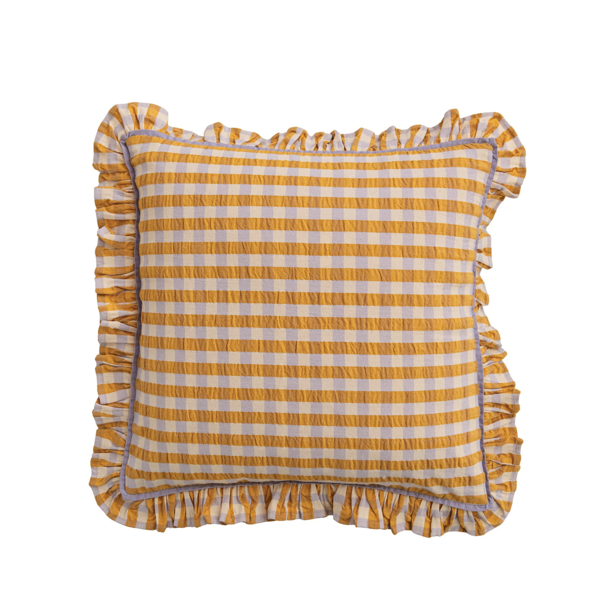 18" Square Cotton Pillow with Check Pattern & Ruffle