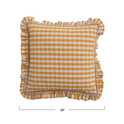 18" Square Cotton Pillow with Check Pattern & Ruffle