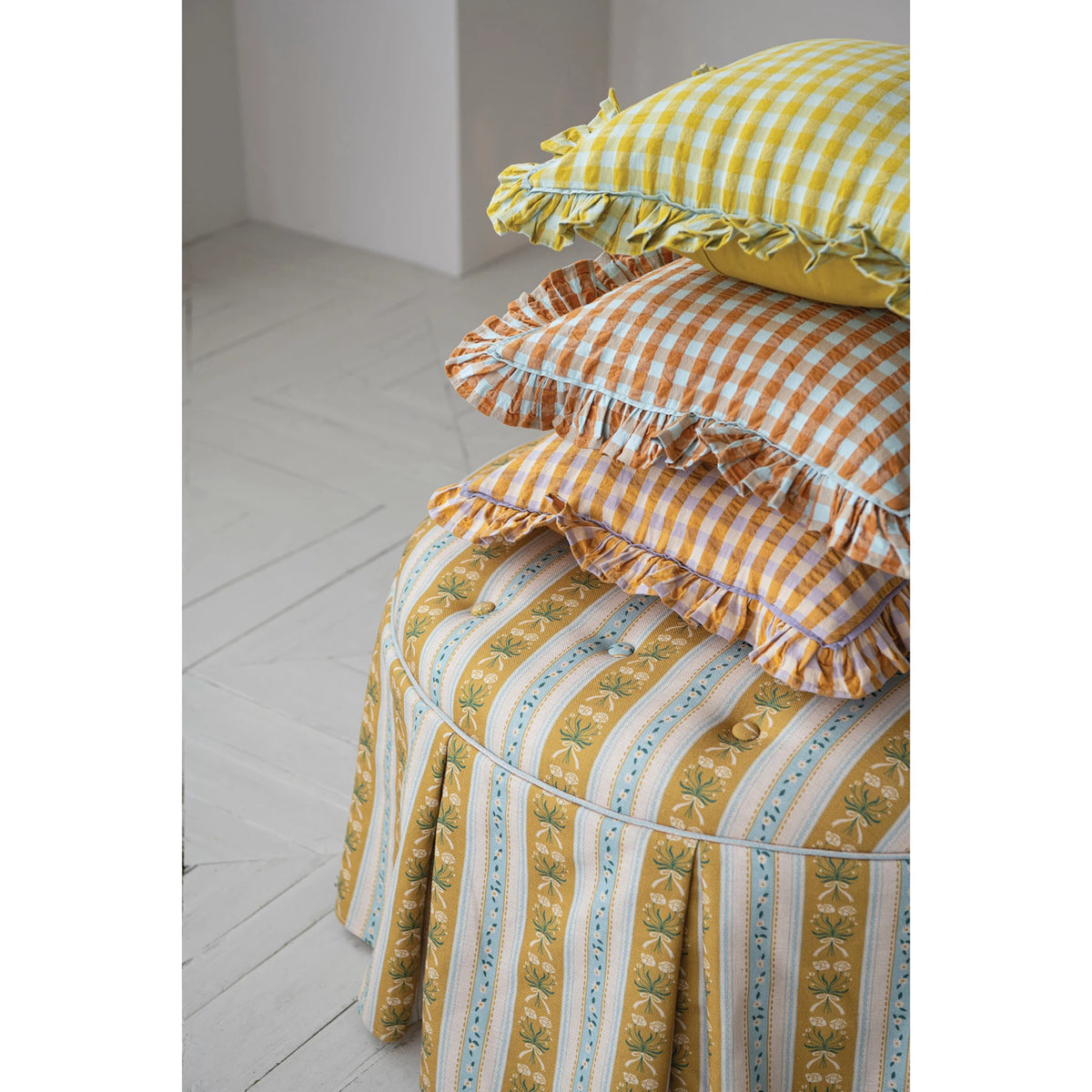 18" Square Cotton Pillow with Check Pattern & Ruffle