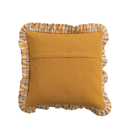 18" Square Cotton Pillow with Check Pattern & Ruffle