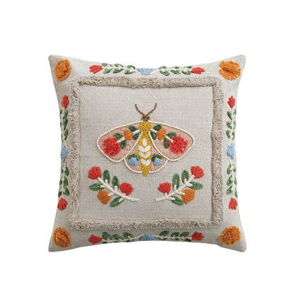 18" Square Cotton Embroidered Pillow With Tufting & Beads