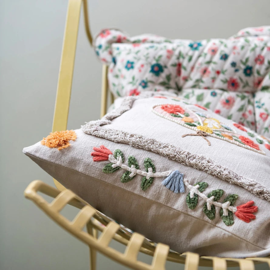 18" Square Cotton Embroidered Pillow With Tufting & Beads