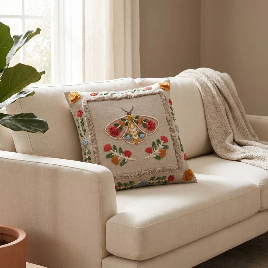 18" Square Cotton Embroidered Pillow With Tufting & Beads