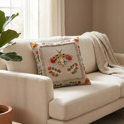18" Square Cotton Embroidered Pillow With Tufting & Beads