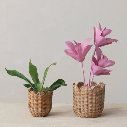 Hand-Woven Rattan Scalloped Planters withh Plastic Lining