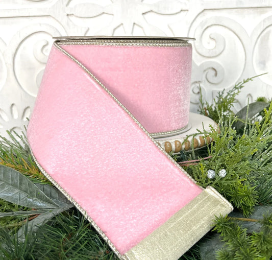 Pink Velvet DBL Fused Metallic Dupion Gold Piping 2.5" x 10yd Ribbon