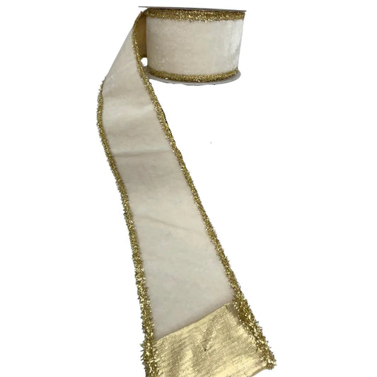 Velvet Metallic Dupion DBL Fused Tinsel Edge White 2.5" x 10yd Ribbon