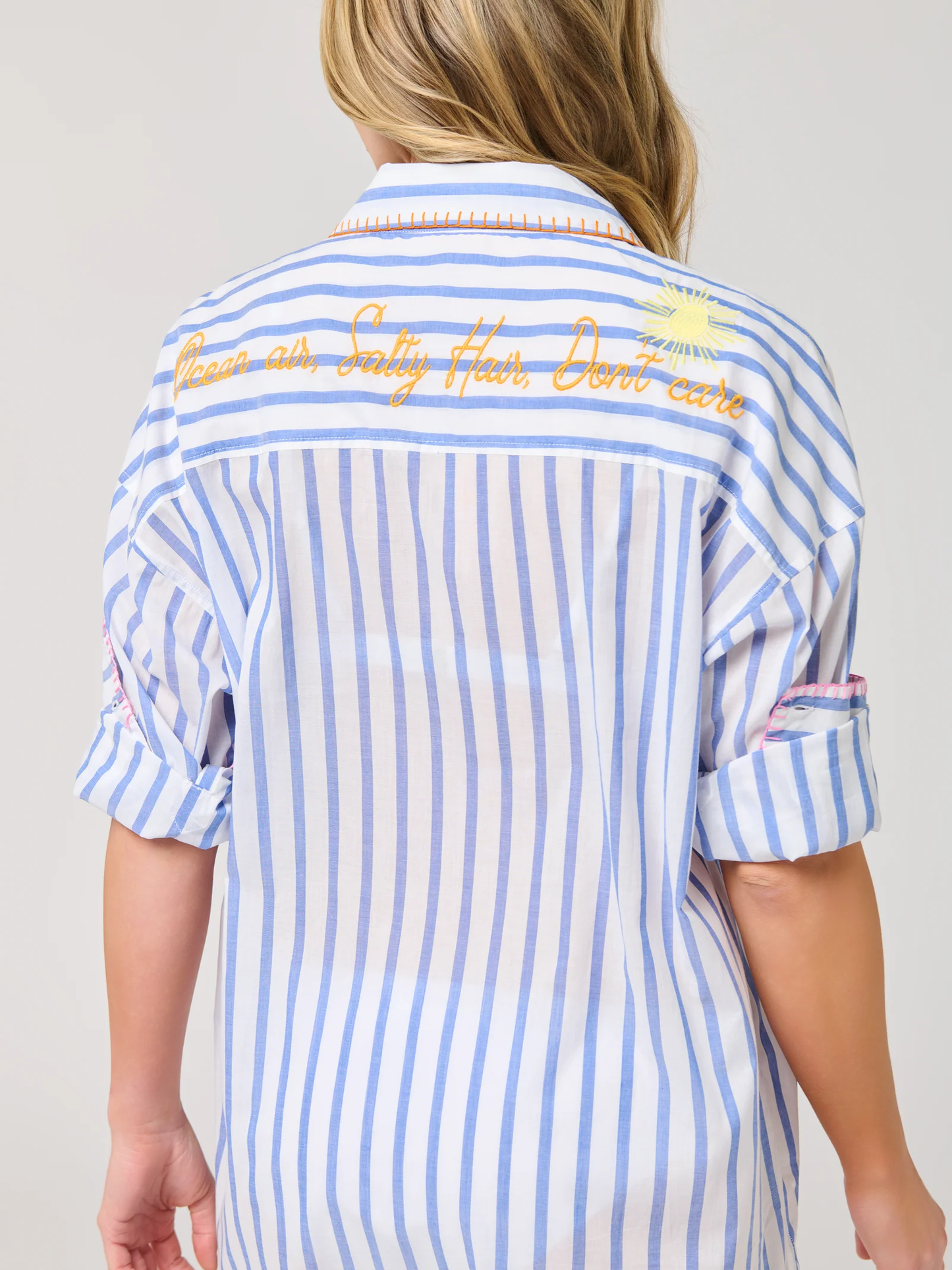 "Beach/Ocean Air, Salty Hair, Don't Care" Cover-Up Shirt - Blue