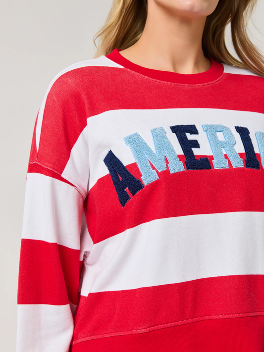 "America" Rugby Stripe Relaxed Sweatshirt - White