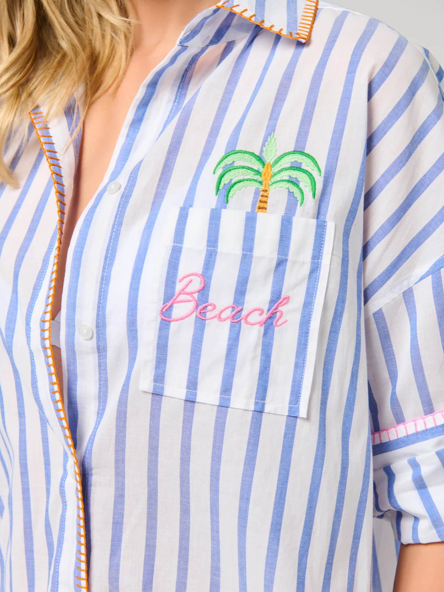"Beach/Ocean Air, Salty Hair, Don't Care" Cover-Up Shirt - Blue
