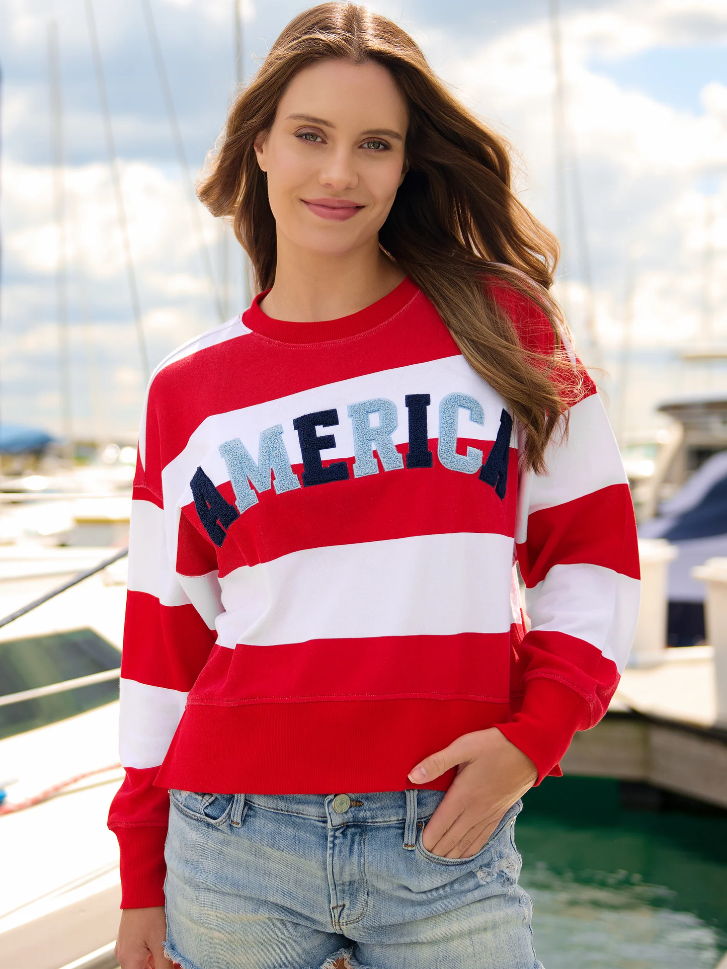 "America" Rugby Stripe Relaxed Sweatshirt - White