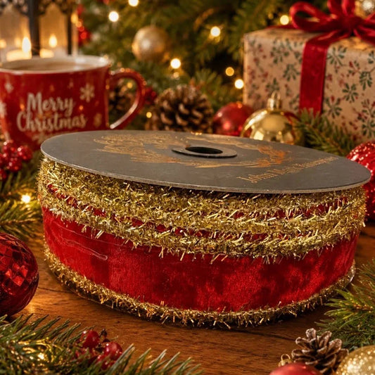 Red Velvet Metallic Dupion DBL Fused Tinsel 1" x 10yd Ribbon