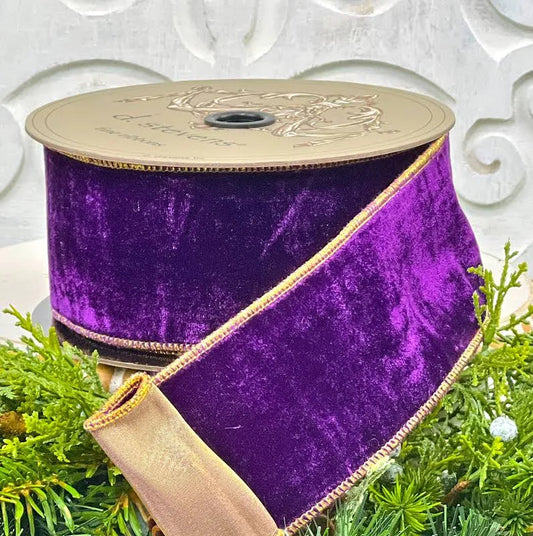 Gold Trimmed French Velvet Purple 4" x 10 Yard Ribbon