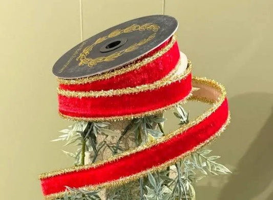 Red Velvet Metallic Dupion DBL Fused Tinsel 1" x 10yd Ribbon