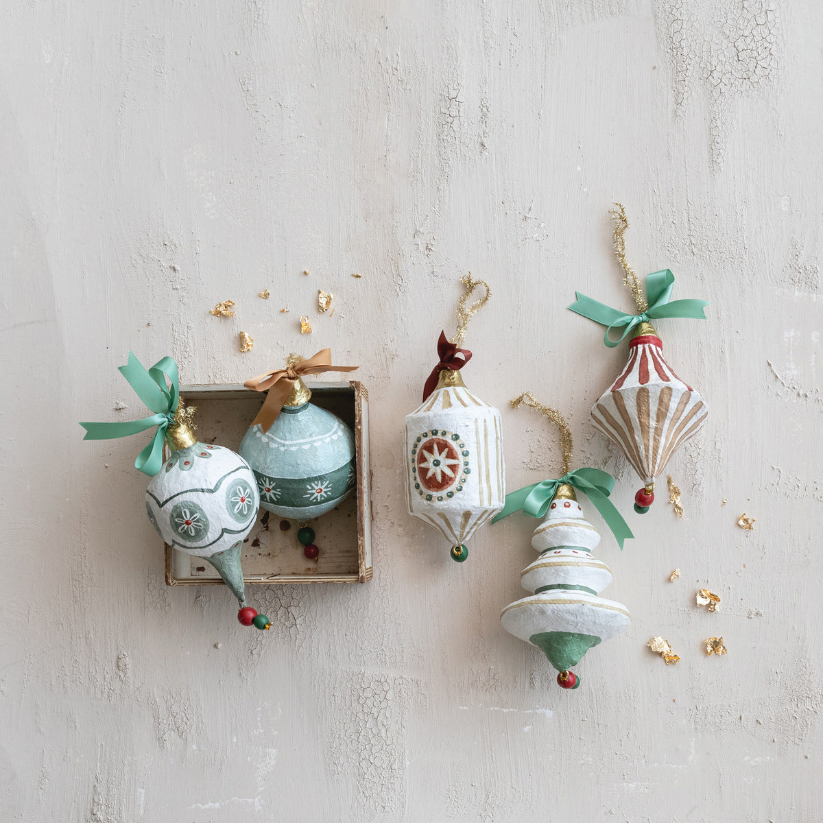 Hand-Painted Paper Mache Ornament with Bow & Design, 5 Styles