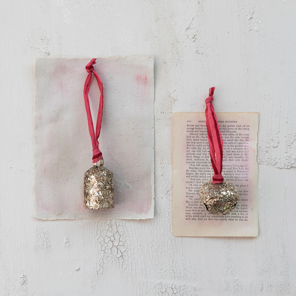 Metal & Glass Bell Ornament with Velvet Ribbon Hanger, 2 Styles