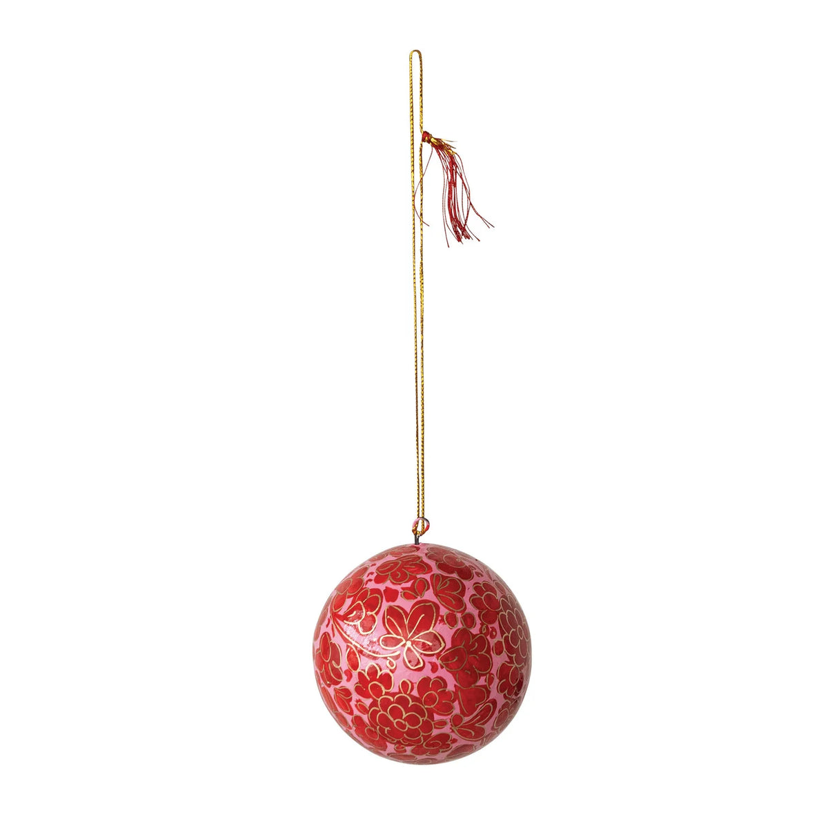 Hand-Painted Paper Mache Ball Ornament with Flower Design & Tassel, Red, Pink & Gold Finish