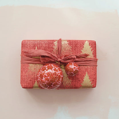 Hand-Painted Paper Mache Ball Ornament with Flower Design & Tassel, Red, Pink & Gold Finish