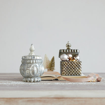 Decorative Embossed Mercury Glass Container/Tealight/Votive Holder with Lid
