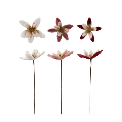 Faux Fur Poinsettia Stem with Glitter & Beads, 3 Colors