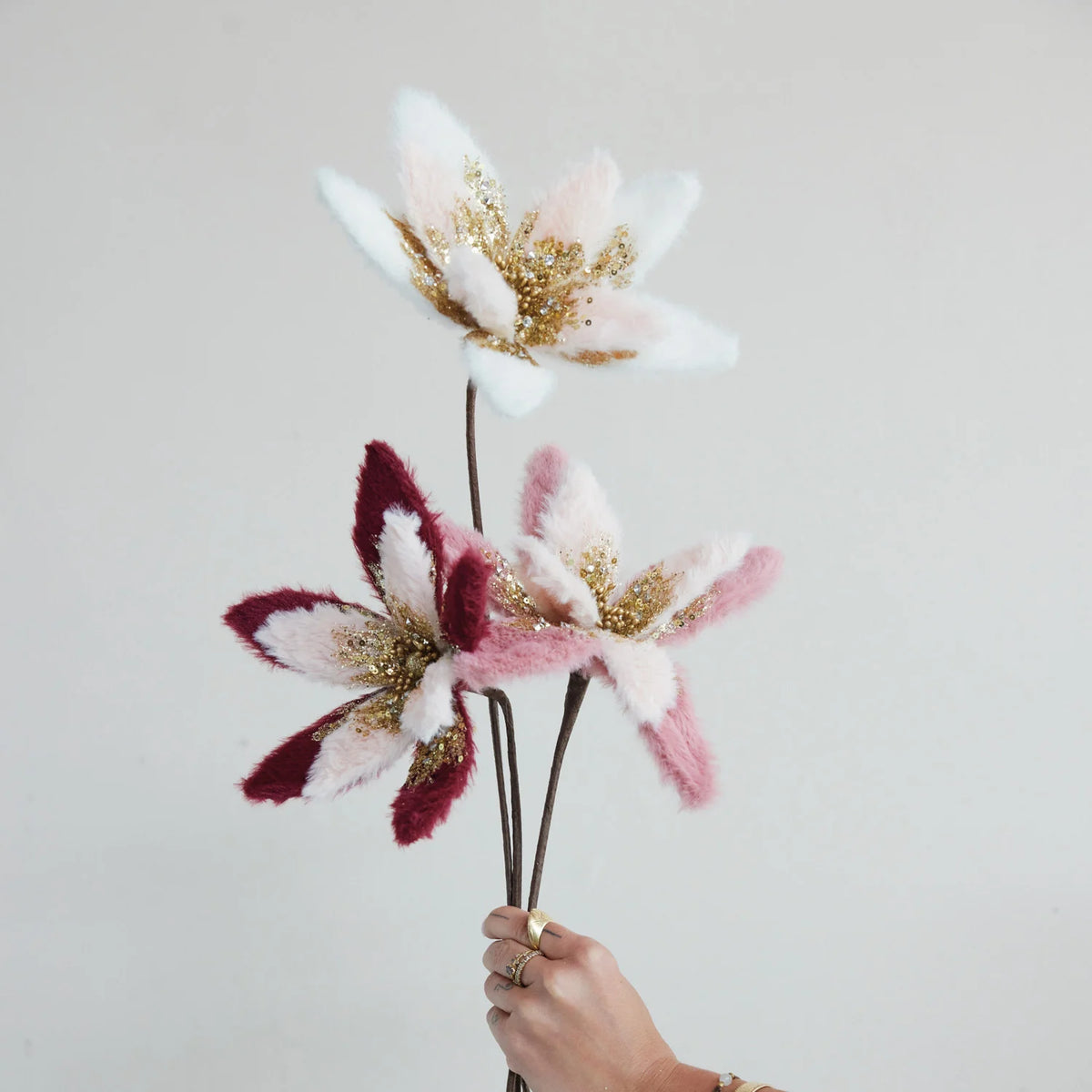 Faux Fur Poinsettia Stem with Glitter & Beads, 3 Colors