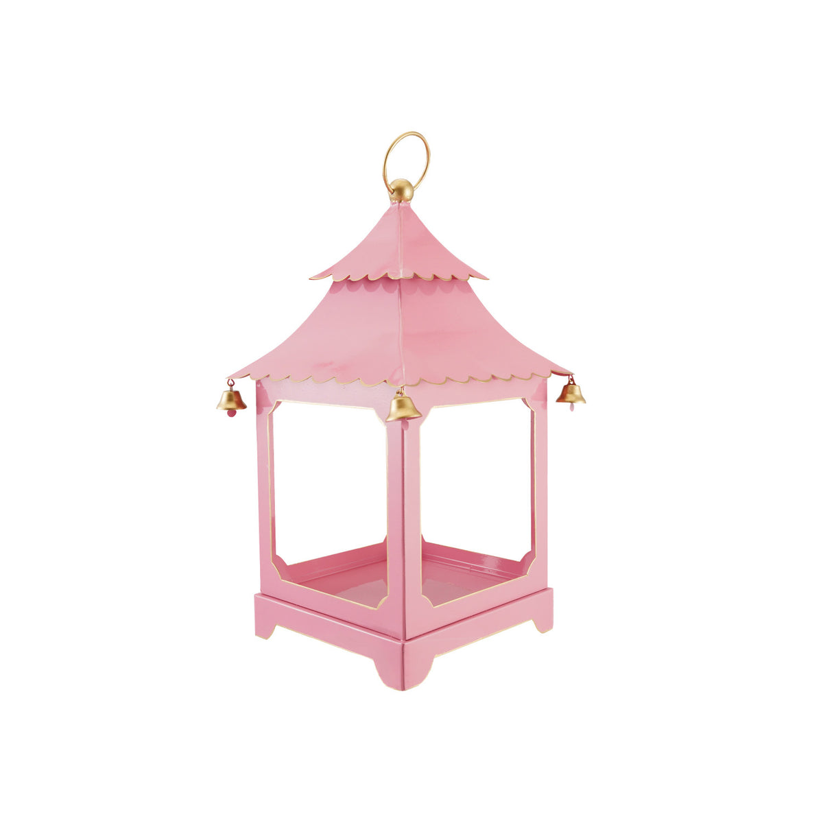 Metal Scalloped Lantern with Bells & Handle, Pink,Red & Gold Finish