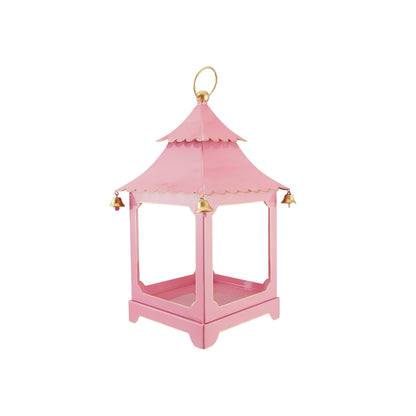Metal Scalloped Lantern with Bells & Handle, Pink,Red & Gold Finish