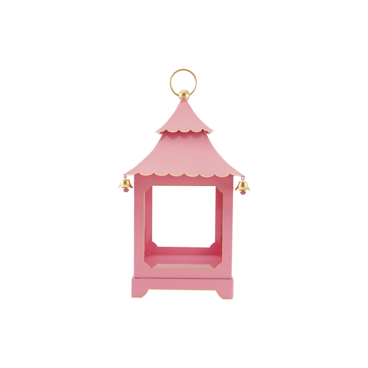 Metal Scalloped Lantern with Bells & Handle, Pink,Red & Gold Finish