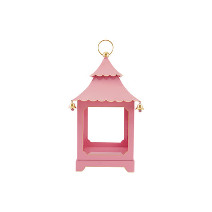 Metal Scalloped Lantern with Bells & Handle, Pink,Red & Gold Finish