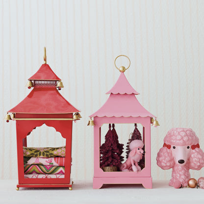 Metal Scalloped Lantern with Bells & Handle, Pink,Red & Gold Finish
