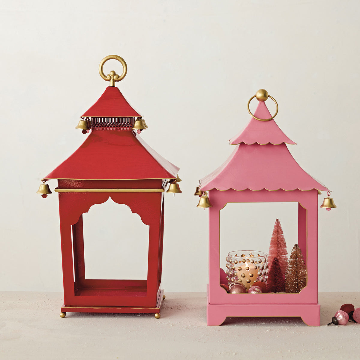 Metal Scalloped Lantern with Bells & Handle, Pink,Red & Gold Finish