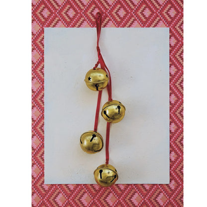 Hanging Metal Bells on Velvet Ribbon, Gold Finish & Red