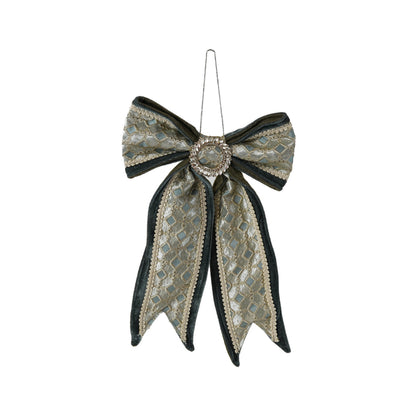 Oversized Velvet & Jacquard Fabric Bow Ornament with Jewels, Blue & Cream Color