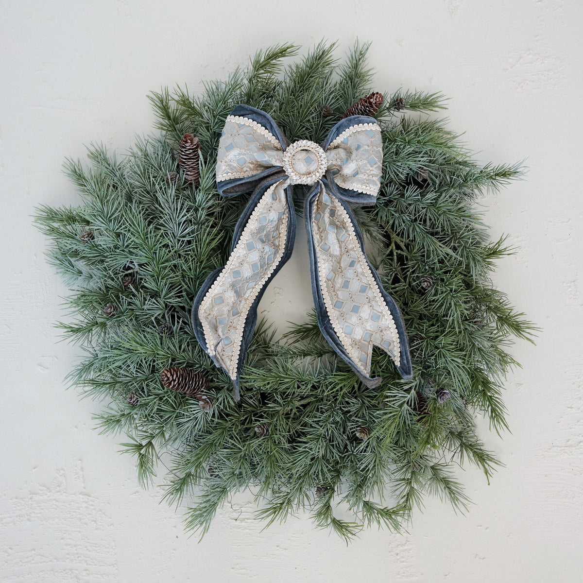 Oversized Velvet & Jacquard Fabric Bow Ornament with Jewels, Blue & Cream Color