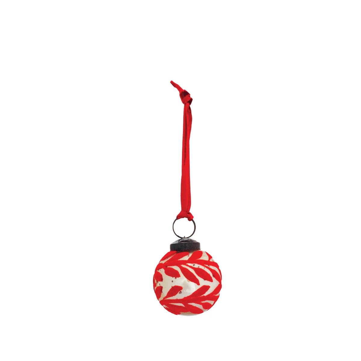 Mercury Glass Ball Ornament with Flocked Pattern & Velvet Ribbon Hanger, Silver Finish & Red
