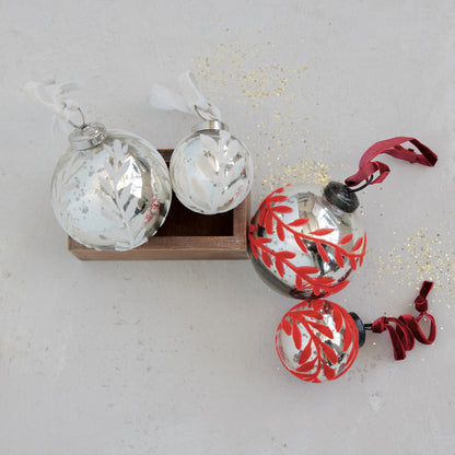 Mercury Glass Ball Ornament with Flocked Pattern & Velvet Ribbon Hanger, Silver Finish & Red