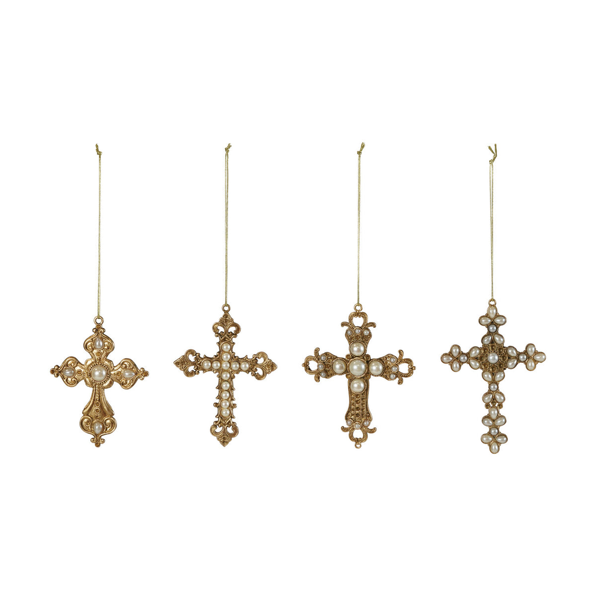 Pewter Cross Ornament with Faux Pearls, Gold Finish, 4 Styles